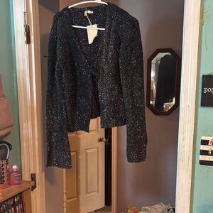 NWT Women's Black and Silver Cardigan With Tie Bow Size Large